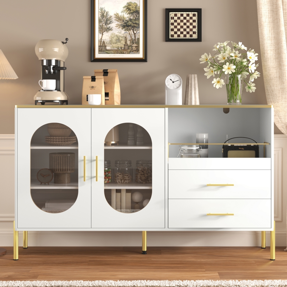 Merax Sideboard-Schrank mit 2 Schubladen & 2 Glastüren – Moderne Kommode in Weiß mit Goldakzenten – Viel Stauraum, Weiß Bild 1