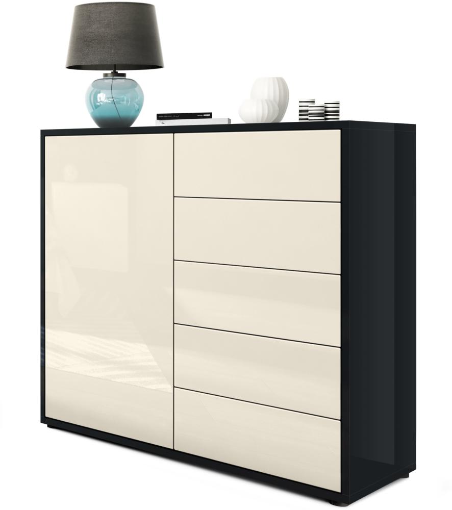 Vladon Sideboard Ben V2, Kommode mit 1 Tür und 5 Schubladen, Schwarz Hochglanz/Creme Hochglanz (79 x 74 x 36 cm) Bild 1