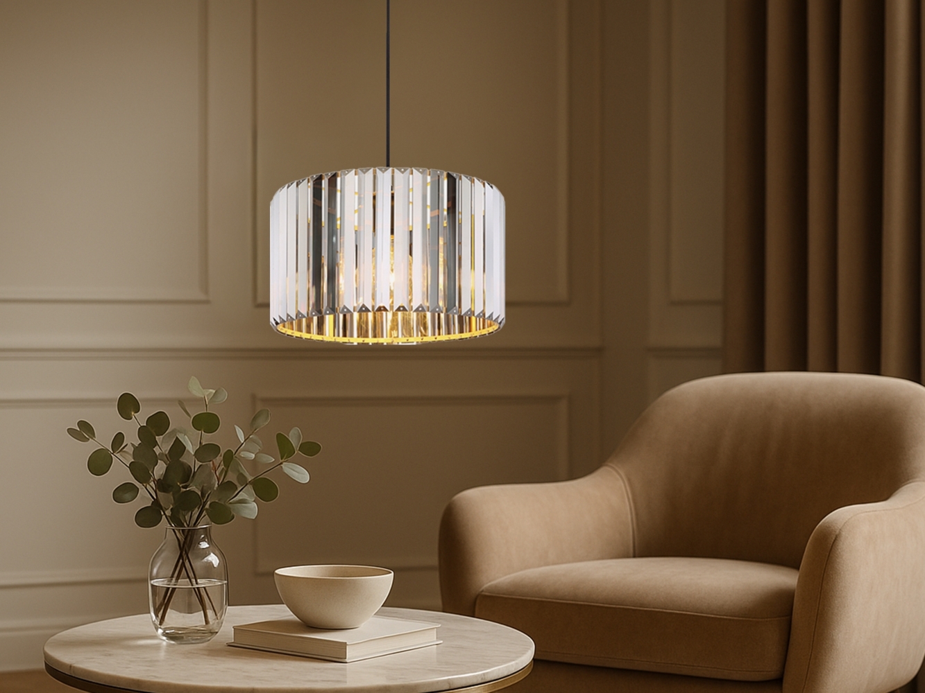 Hängeleuchte, Holzoptik, Kristall rauch, H 120 cm Bild 1