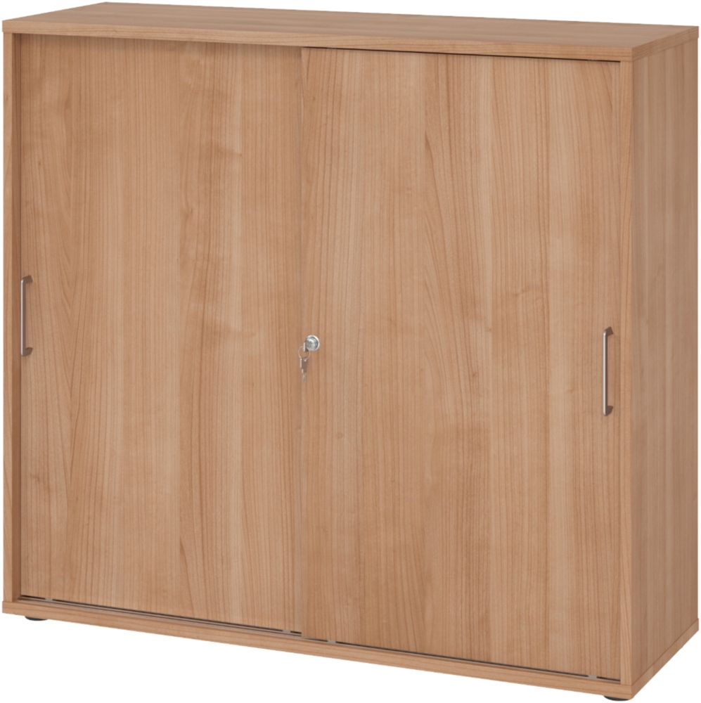 bümö Schiebetürenschrank 3OH - Aktenschrank abschließbar, Sideboard Schrank mit Schiebetüren in Nussbaum, Bügelgriff - Büroschrank aus Holz mit Schiebetür, Büro Kommode für Ordner & Co, 1753S-N-N-BS Bild 1