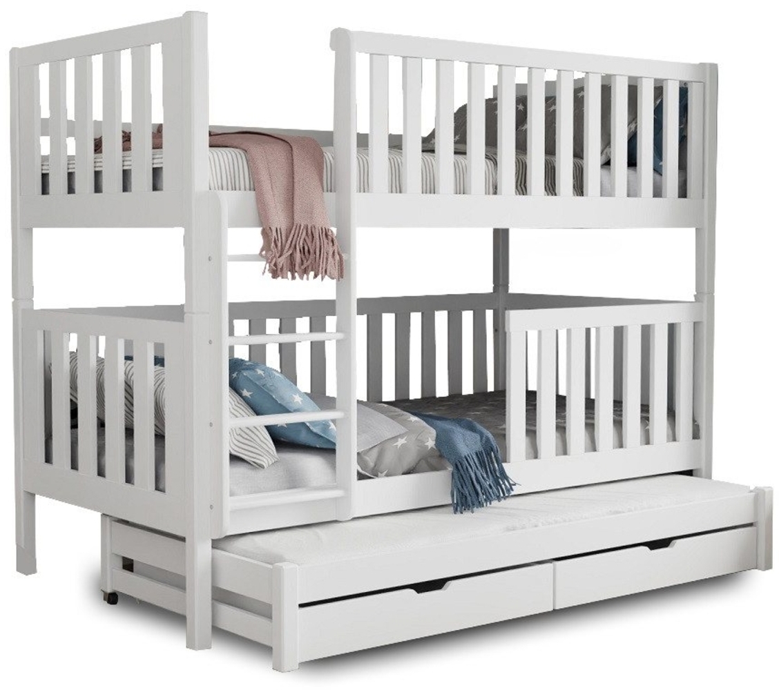 Deine Möbel 24 Etagenbett Hochbett OLIVIA für 3 Kinder 80x180 90x200 Weiß aus Massivholz (Matratzen optional, Kinderbett mit Rausfallschutz, 2 Bettkästen, Lattenrost und Leiter), aus Vollholz, in 2 Betten umbaubar, mit Ausziehbett Bild 1