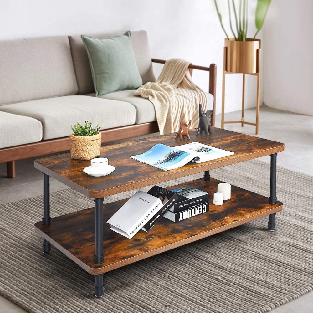 COSTWAY Couchtisch 2 Etagen, Sofatisch mit Metallgestell, Beistelltisch für Wohnzimmer Eingangsbereich, Kaffeetisch im Industriedesign, braun Bild 1