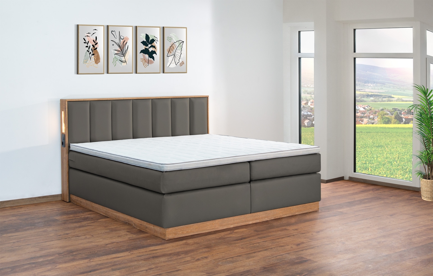 Meisterbetten Boxspringbett Sely mit Holzdekor Eiche Cognac 140x220 in LM-Dunkelgrau, Matratzenbezug Nano, Midisoft-Topper Bild 1