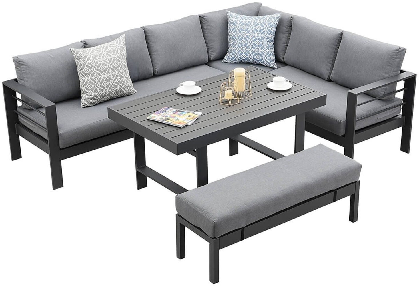 MeXo Gartenlounge-Set Ecklounge aus Aluminium, (Gartenmöbel Set, 5-tlg, 3 Ecksofas, 1 Bank, 1 Esstisch, 11 dicke Kissen), Wetterfest Lounge Möbel Outdoor für 8 Personen Bild 1