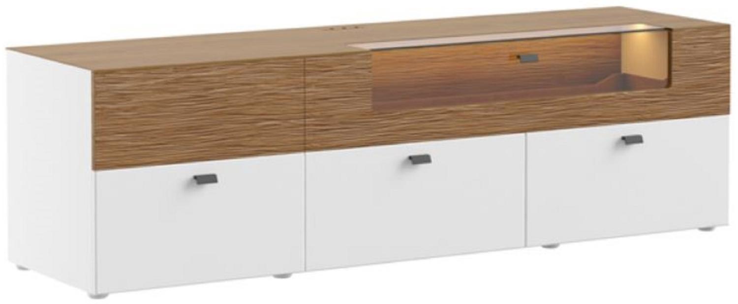 Casa Padrino TV Schrank Braun / Weiß 180 x 48 x H. 55 cm - Beleuchteter Massivholz Fernsehschrank mit Schubladen - Moderne Wohnzimmer Möbel Bild 1