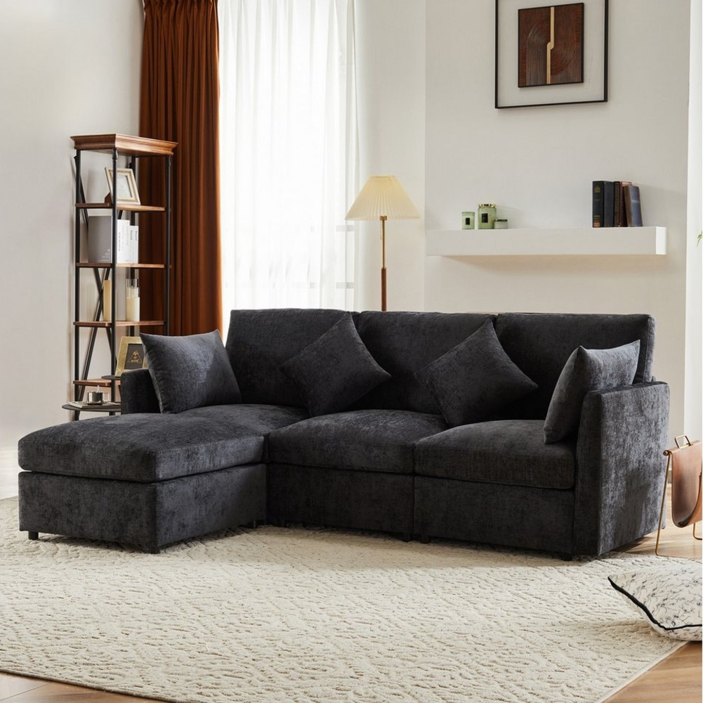 Merax Ecksofa mit Fußhocker und 4 Kissen, 3-Sitzer Sofagarnitur, modulare Couch aus Chenille-Stoff Bild 1