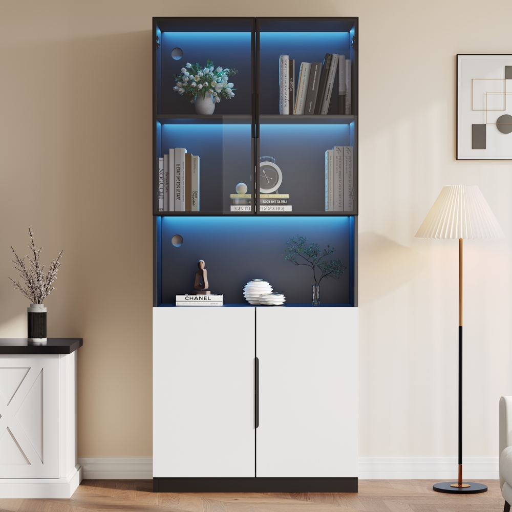 Merax 200cm Vitrine mit Glastüren, Vitrine mit LED-Leuchten, Bücherregal für Sammlerstücke, einstellbare Farbtemperatur und Helligkeit, weiße Türen mit schwarzer Dekoration Bild 1