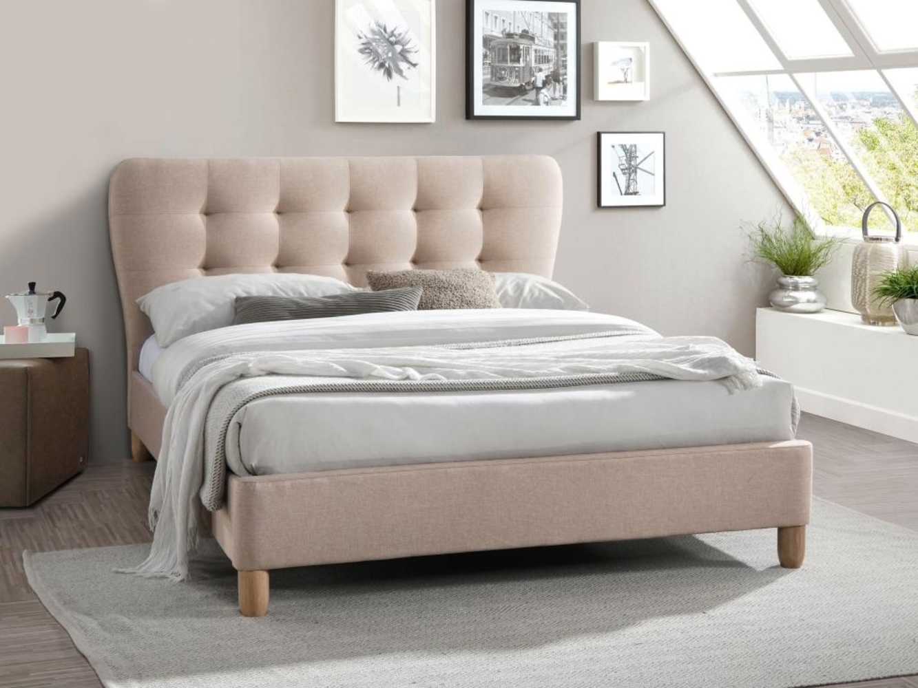 Vente-unique - Bett mit gestepptem Kopfteil - 160 x 200 cm - Stoff - Beige - ELIDE Bild 1