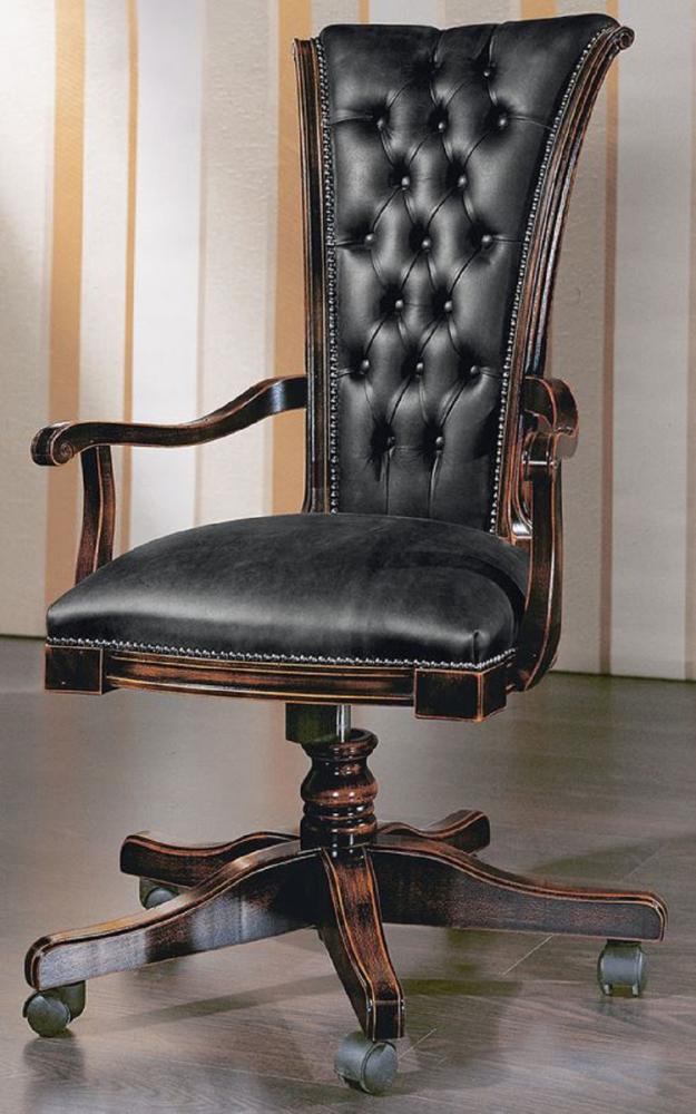 Casa Padrino Luxus Chesterfield Bürostuhl Vintage Schwarz / Dunkelbraun 64 x 49 x H. 107-117 cm - Höhenverstellbarer Schreibtischstuhl mit Echtleder - Büromöbel - Chesterfield Möbel - Echtleder Möbel Bild 1