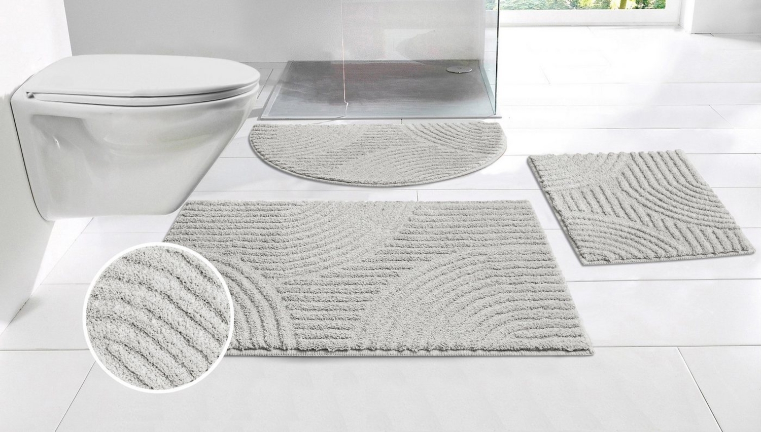 my home Badematte Ognon, Scandi, Boho, modernes Muster, Höhe 15 mm, rutschhemmend beschichtet, fußbodenheizungsgeeignet, schnell trocknend, strapazierfähig, Polyester, rechteckig, 3tlg. Hänge-WC-Set, Badteppich, Uni Farben, Hoch-Tief-Effekt Bild 1