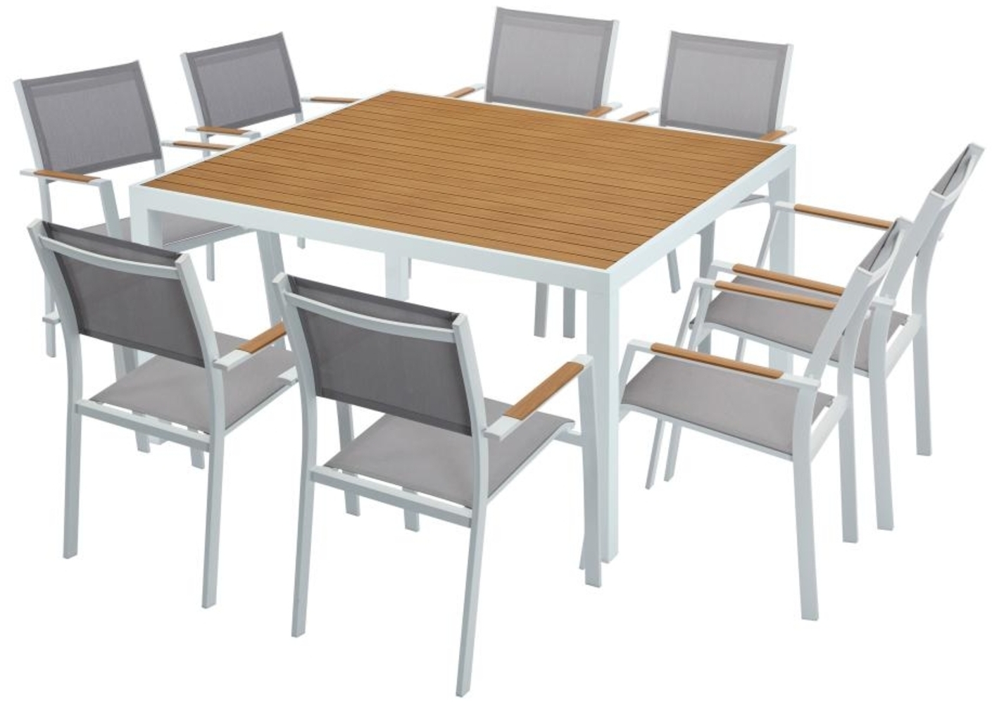 Vente-unique - Garten-Essgruppe: Tisch quadratisch 140 cm + 8 stapelbare Sessel - Aluminium - Holzfarben hell & Grau - MACILA von MYLIA Bild 1