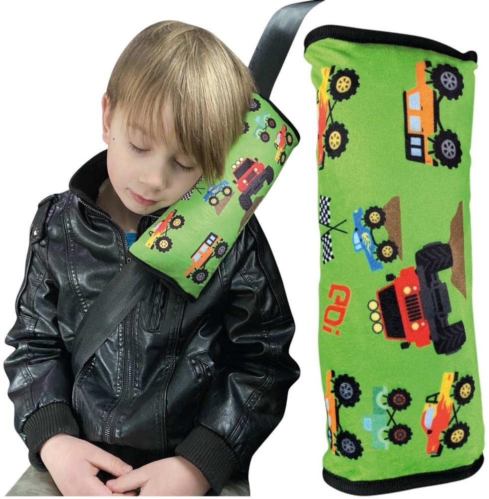 HECKBO Schlafkissen Auto Schlafkissen Monster Trucks Motiv für Kinder Mädchen Jungen - maschinenwaschbar – kuschelweich - Auto Gurtkissen, Gurtschoner, Gurtschutz Sitzerhöhung, Auto Kissen, Reisekissen, Urlaub Bild 1