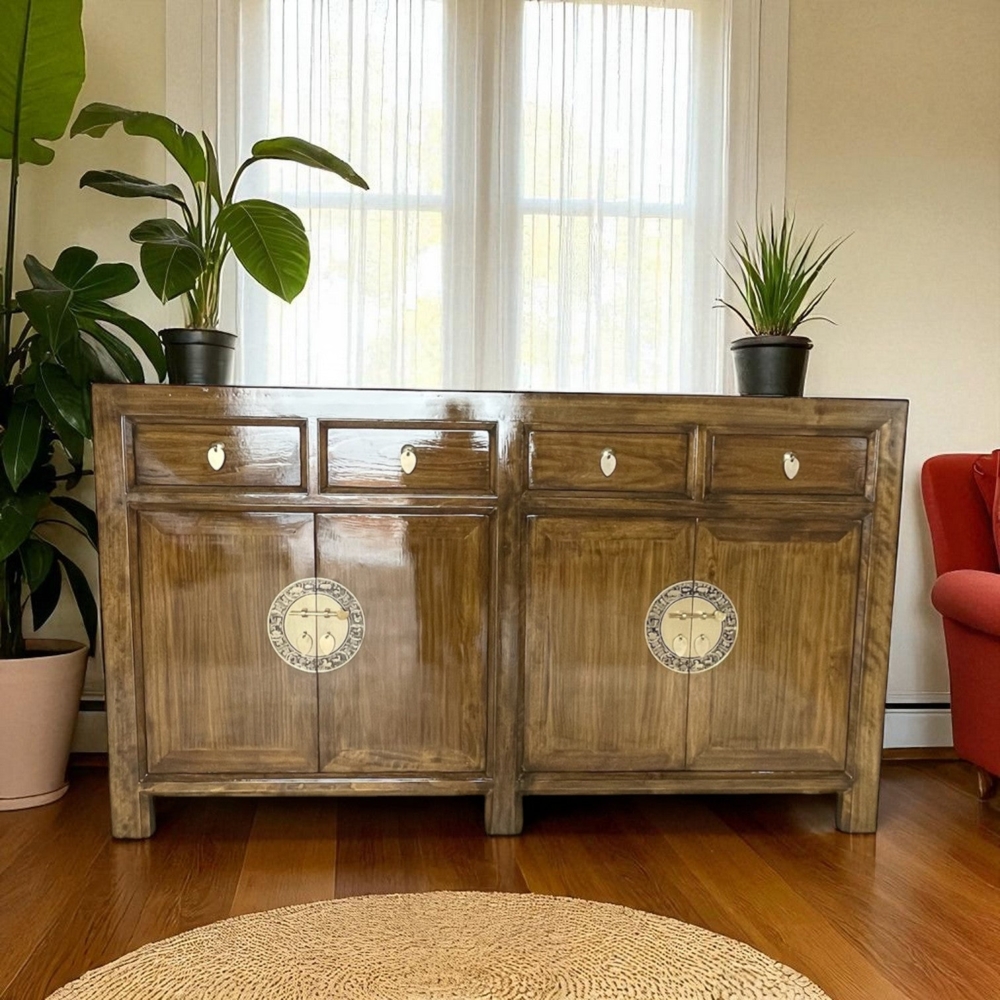 Chinesisches Sideboard Braun Kastanienbraun Messingbeschlag vintage schlicht Schrank Kommode Kolonial-Stil Antik-Stil Lowboard asiatisch orientalisch Fernost shabby-chic Landhaus Bild 1