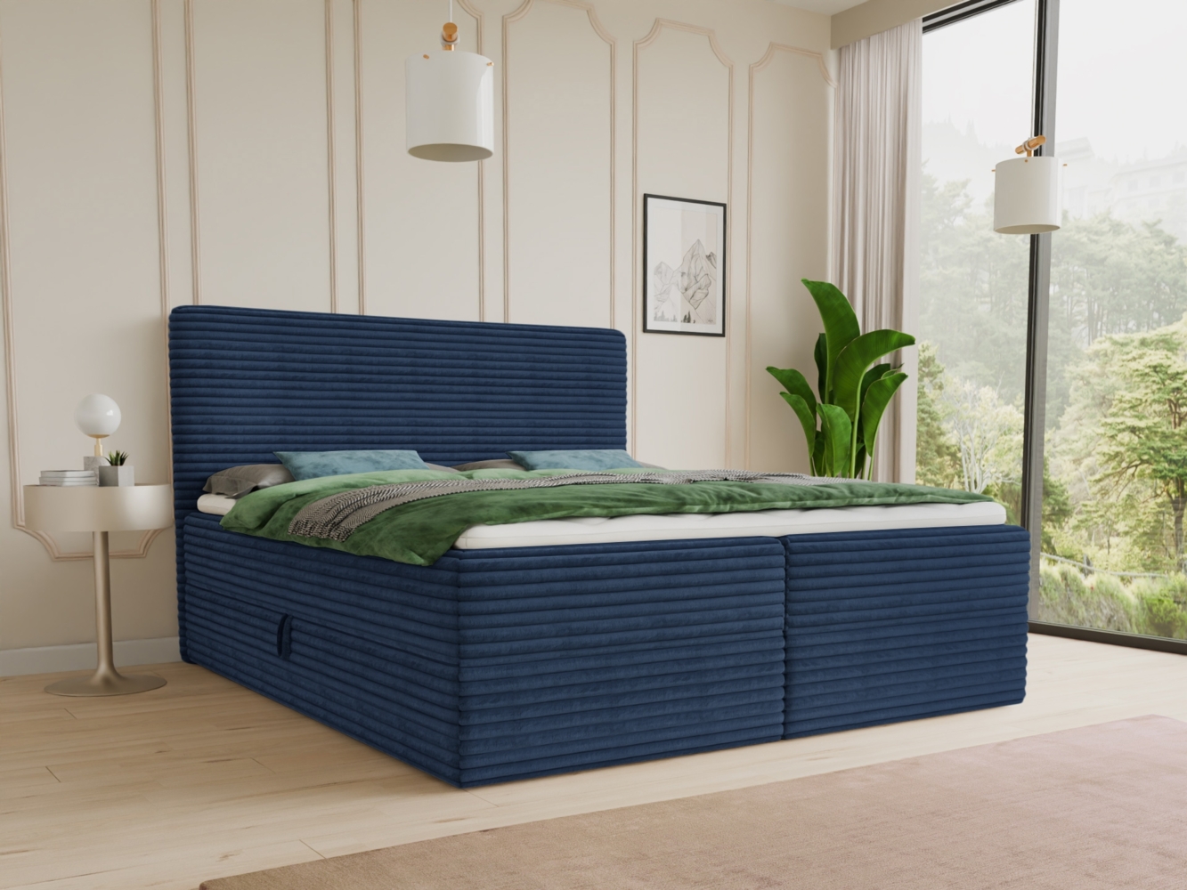 Boxspringbett Mollo mit 2 Bettkästen, Doppelbett mit Bonell-Matratze und Topper, Polsterbett in weichem Cordstoff, Bett, Bettgestell für Schlafzimmer (Blau (Tilia 77), 140 x 200 cm) Bild 1