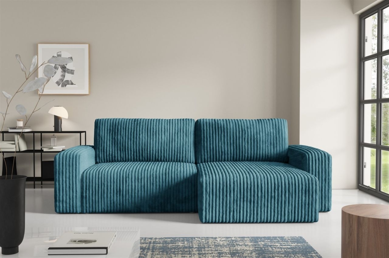 Ecksofa mit Schlaffunktion NATALIA in Stoff Tilia Blau Ottomane Rechts Bild 1