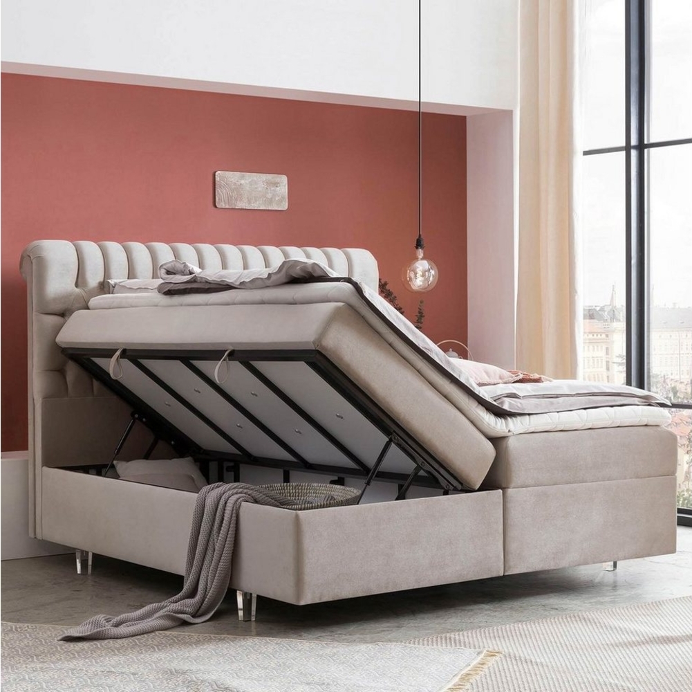 BettCo Stauraumbett Boxspringbett mit Bettkasten Chester (in Beige Samt, 200 x 200 cm), XXL Bettkasten, Topper optional, Acryl-Füße, Kostenloser Aufbau Bild 1