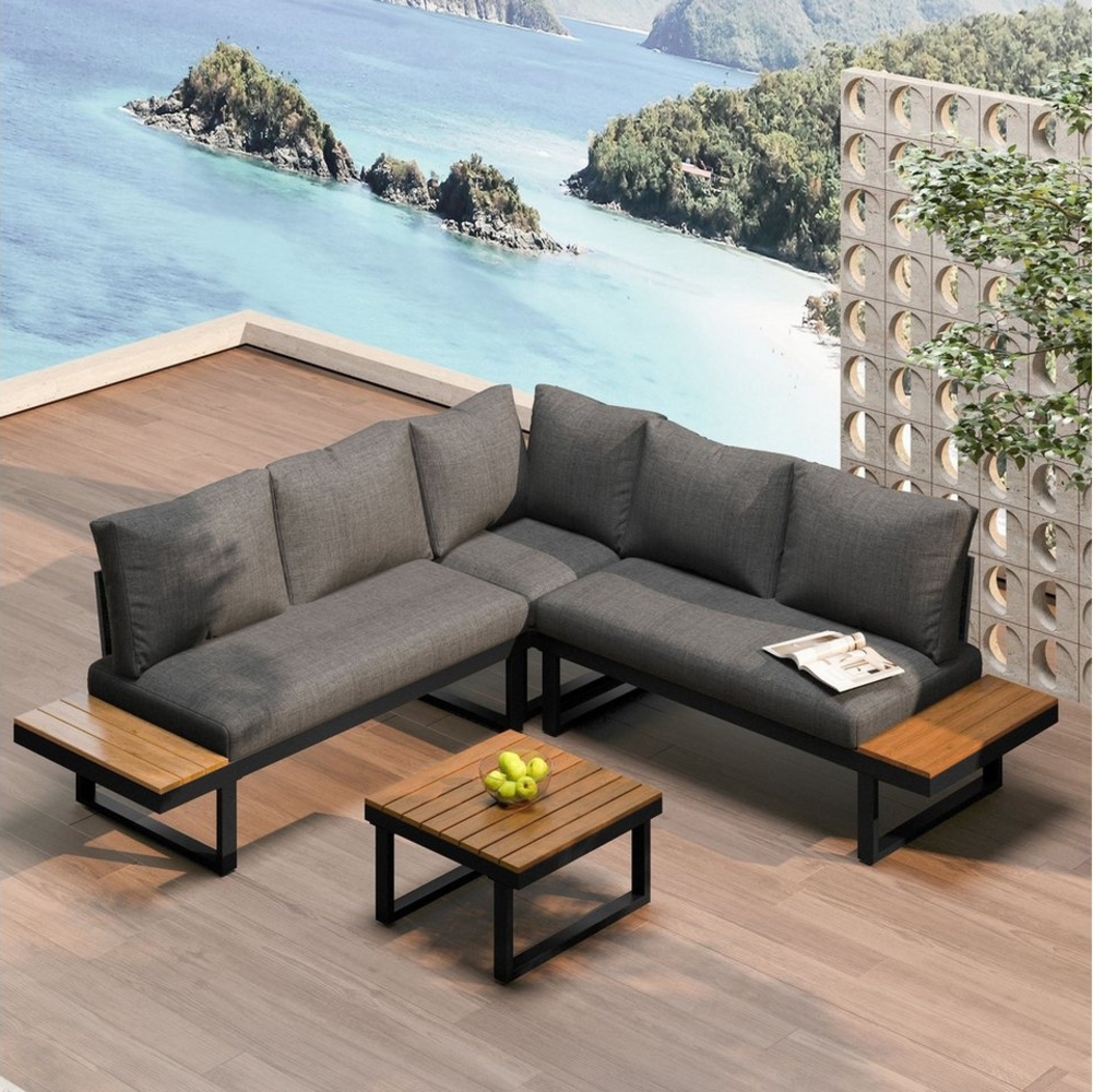 Merax Gartenlounge-Set, (1 Couchtisch, 2 Bänke, 1 Eckbank), mit Stahlrahmen und Kissen, Ecklounge, Gartenmöbel Set, Leinenbezug Bild 1