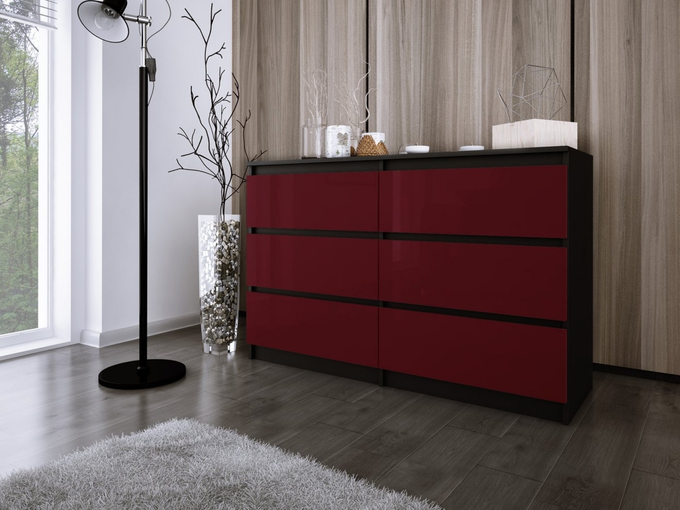 Kommode ZOE mit 6 Schubladen – modern & geräumig Schwarz, Rot Hochglanz Bild 1