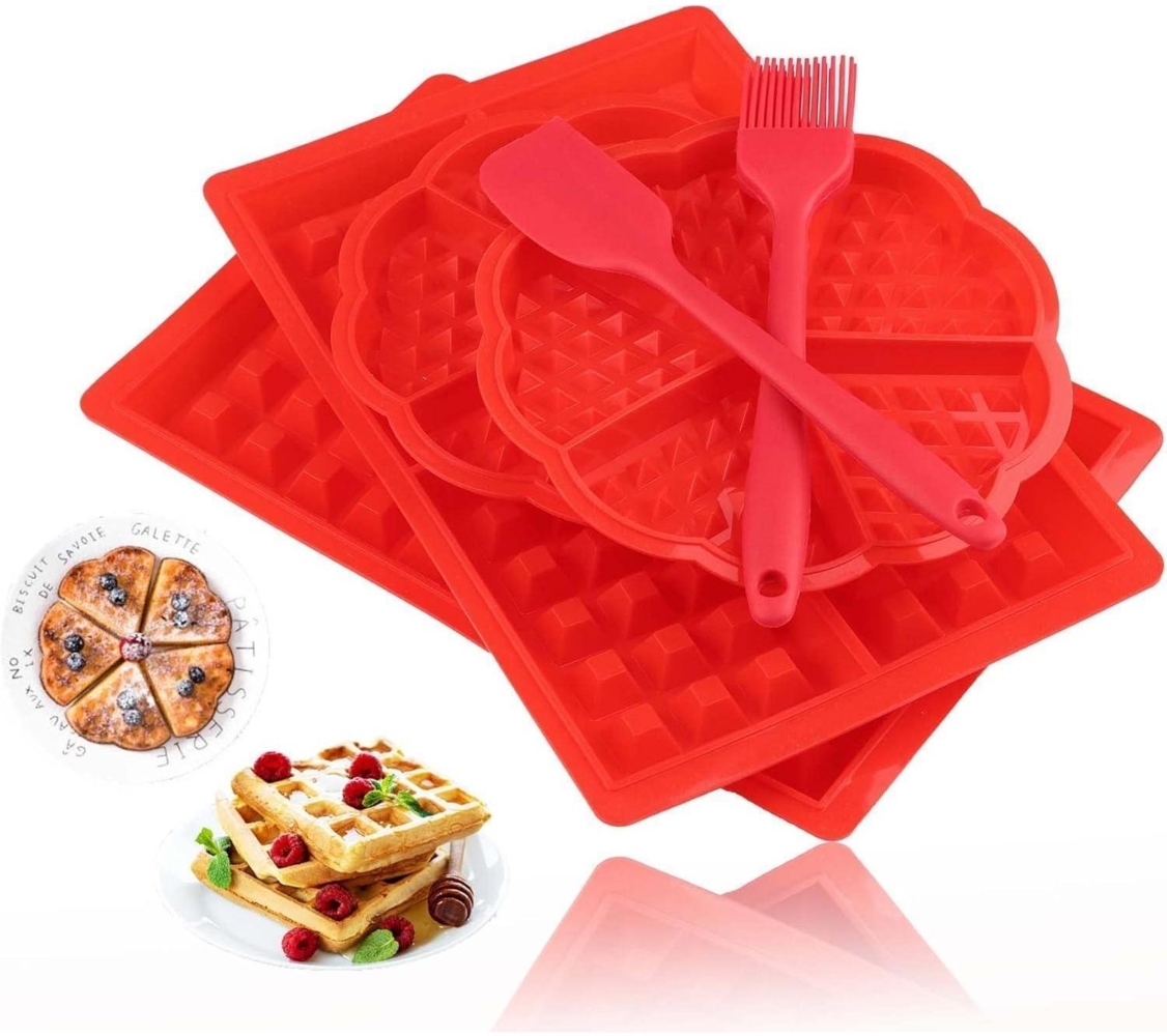 Silikon Waffelform Backform 4 Stk. Herz Rechteck Rot Teigschaber Pinsel Bild 1