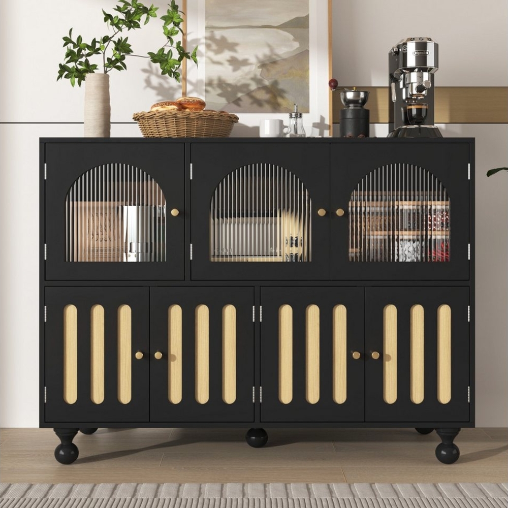 Flieks Kommode (1 St, 120x40x90 cm), Sideboard mit 3 Glastür und 4 Holztür Wohnzimmerschrank Schwarz Bild 1