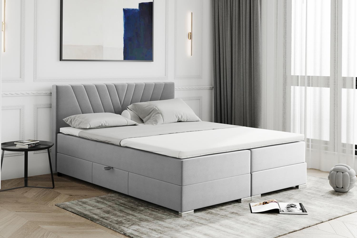 MEBLINI Boxspringbett BERNI 140x200 cm mit Bettkasten - H3B/Hellgrau Samt Polsterbett - Doppelbett mit Topper & Bonellfederkern-Matratze Bild 1
