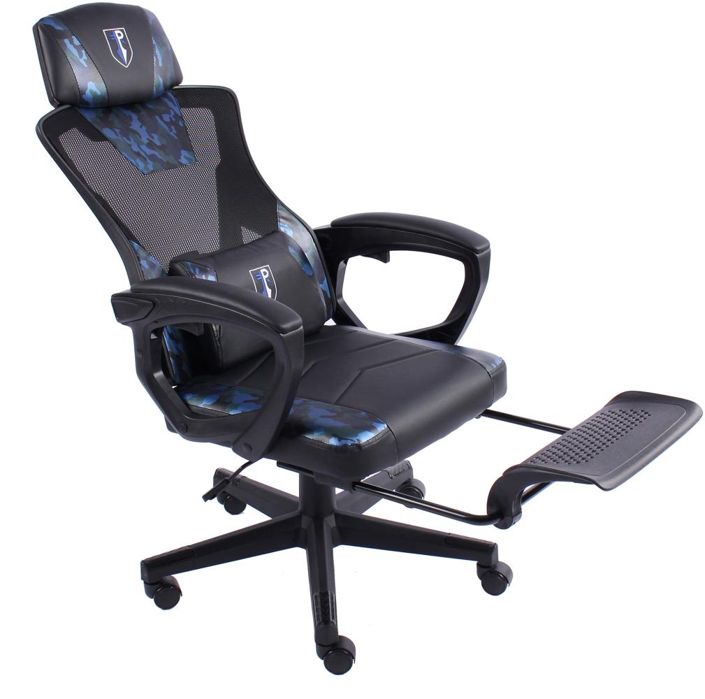 Gaming Stuhl im modernen Racing-Design mit einklappbarer Fußstütze - Gaming Chair mit flexiblen Armlehnen - ergonomischer Gaming Schreibtischstuhl mit extra Stützkissen Schwarz/Military -Blau Bild 1