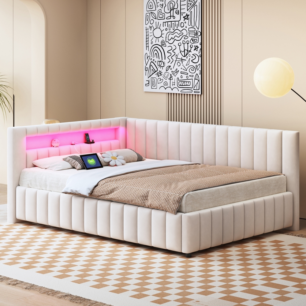 Merax Polsterbett Schlafsofa 140x200, Gepolstertes aus Samtstoff mit LED-Licht und USB-Ladeanschluss, mit Rückenlehne, Kopfteil und stabilem Bettrahmen, Beige Bild 1
