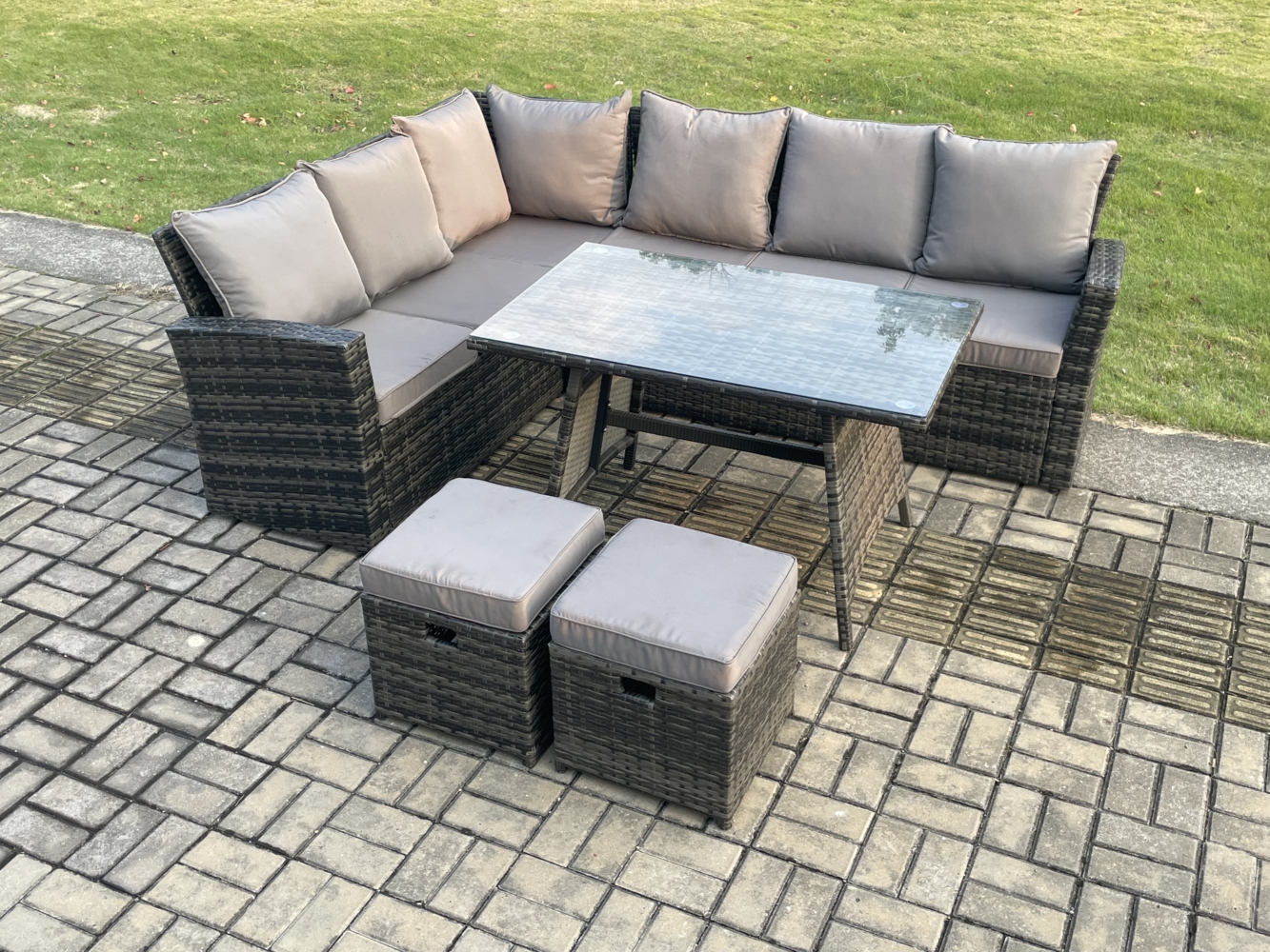 Fimous Gartenlounge Set Rattan Ecksofa Set mit 2 kleine Fußhockern Dunkelgrau gemischt Bild 1