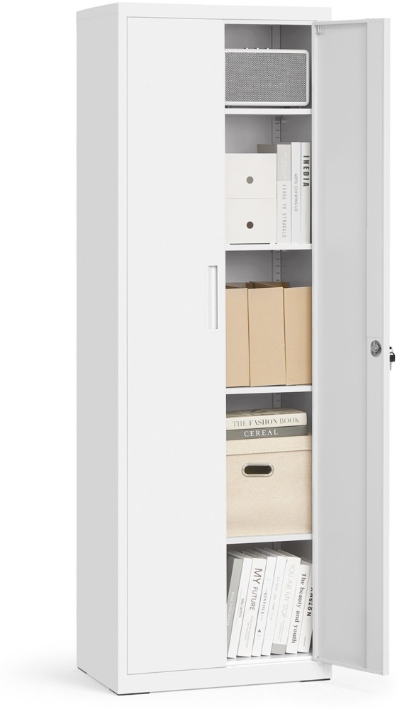 Aktenschrank, 180 cm, Mehrzweckschrank, Stahl-Aufbewahrungsschrank, 5 Ebenen, Doppeltüren, Schloss, Werkzeugschrank, verstellbare Ablagen, für Garage, Arbeitszimmer, Wohnzimmer Mattweiß OMCDE014W01 Bild 1