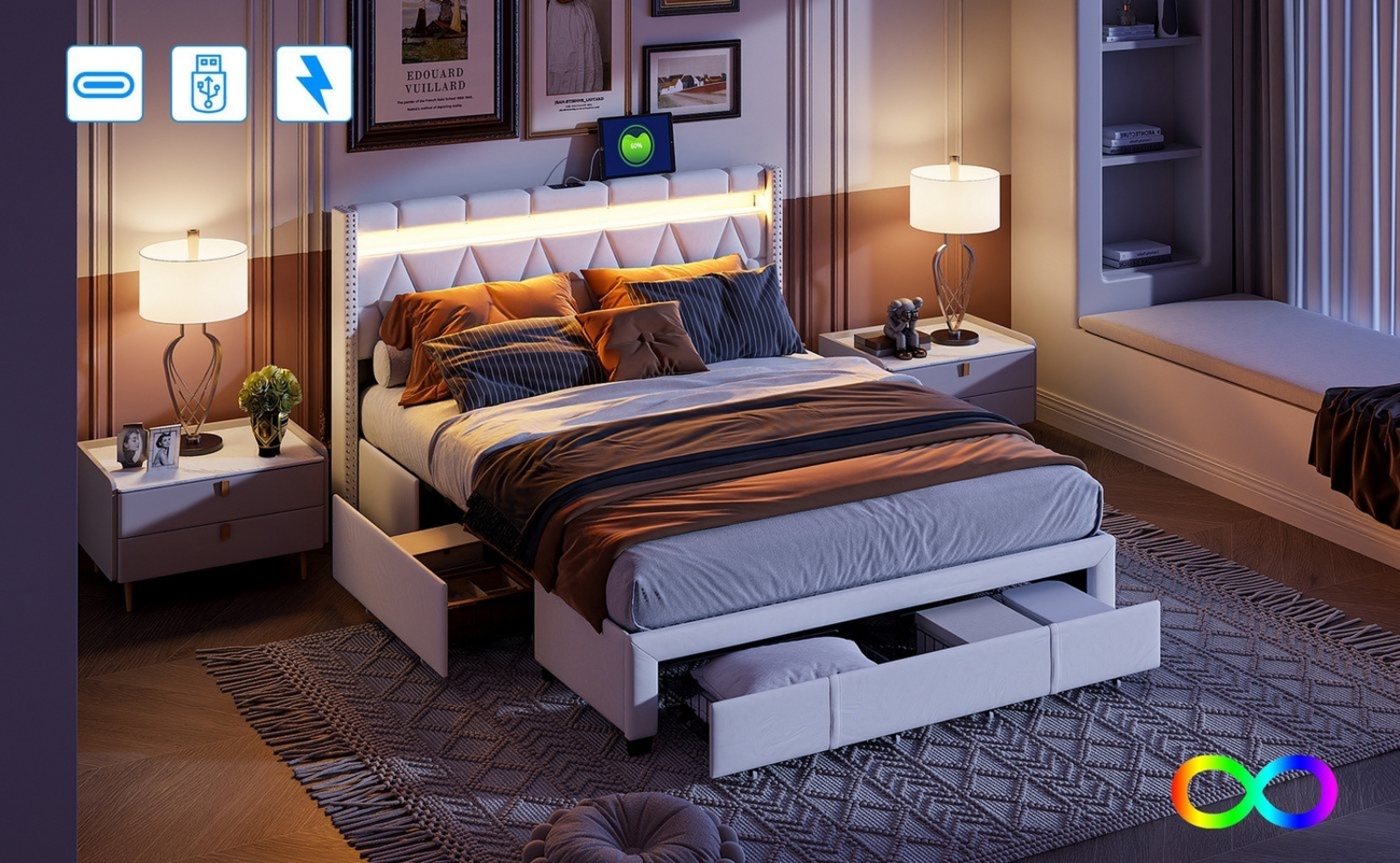 Furnishings Home Stauraumbett Polsterbett LED Doppelbett (1-tlg. Mit LED-Licht und USB C Ladefunktion, Mit Drei große Schubladen), Mit LED-Beleuchtung, Ladeanschluss, Lattenrost, Leinen, 160x200 cm Bild 1