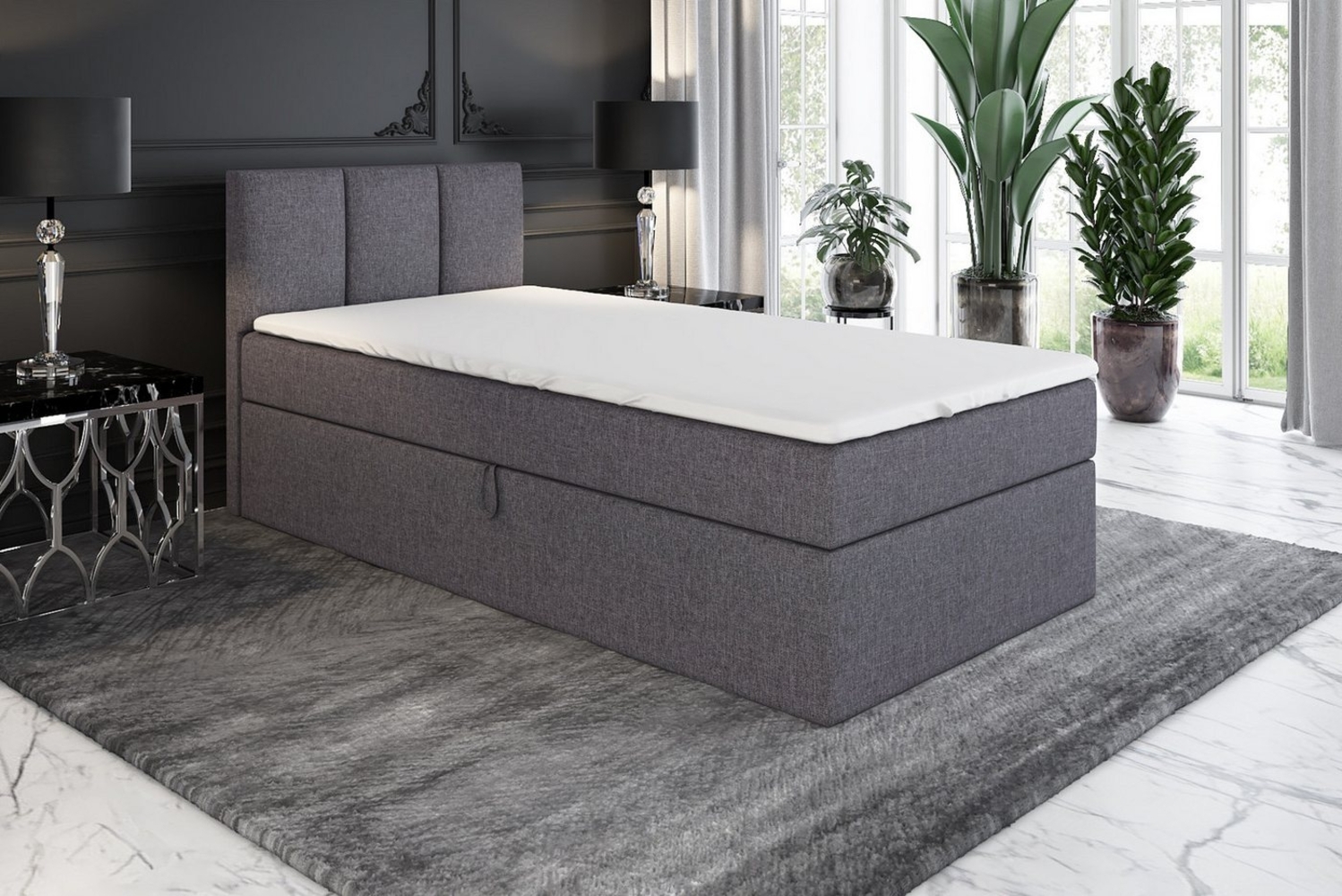 A&J MöbelLand GmbH Boxspringbett Einzelbett NASI mit Bettkasten, Topper und gepolstertem Kopfteil. (Boxspringbett mit Bettkasten und gepolstertem Kopfteil. Gratis Topper – nur jetzt erhältlich!, Kostenlose Lieferung! TOP ANGEBOT), Länge 208 cm Höhe 106 cm Bild 1