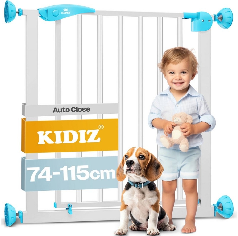 KIDIZ® Schutzgitter für Treppen | Tür, Auto Close Kindertreppengitter ohne Bohren | 90° Stop, Absperr Türschutzgitter, schwenkbare Trennwand, Treppenschutzgitter, Klemmen 88 - 101 cm WEISS Bild 1