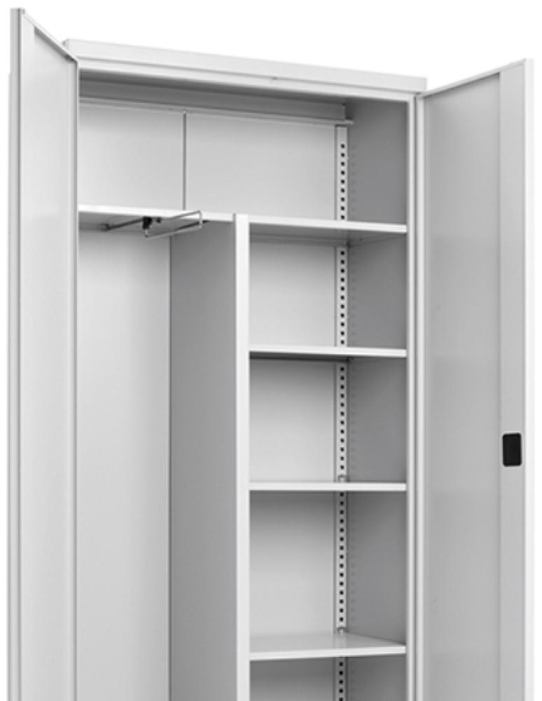 Büro-/Lagerschrank aus Stahl mit Flügeltüren 1 langer Fachboden 3 kurze Fachböden Garderobenstange (BxTxH) 1000 x 435 x 1990 mm Bild 1