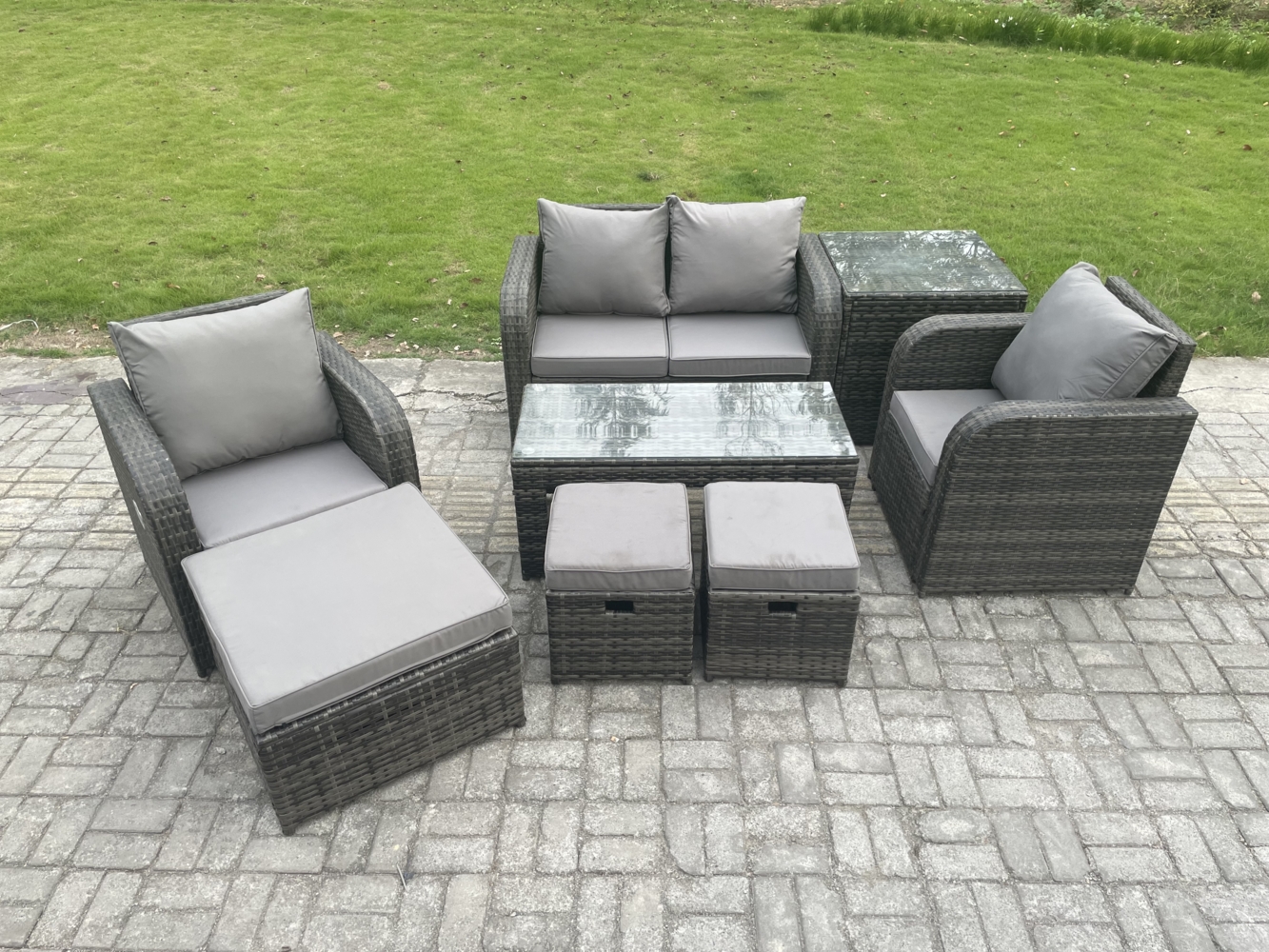 Fimous 7-Sitzer Rattan Lounge Sofa Set Gartenmöbel-Set mit Rechteckiger Couchtisch Love Sofa Beistelltisch 3 Hockern Dunkelgrau Gemischt Bild 1