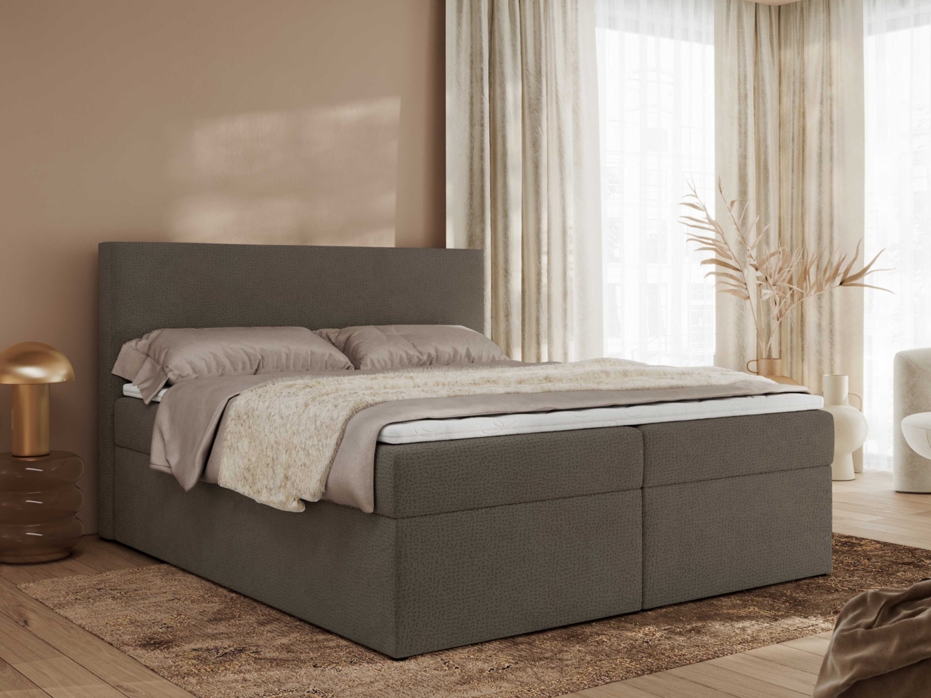 Boxspringbett mit Multipocket-Matratze und Topper, Doppelbett, Struktur dekostoff, Polsterbett mit Bettkästen - JAGUAR - 200 x 200 cm - Braun Struktur - H3 Bild 1