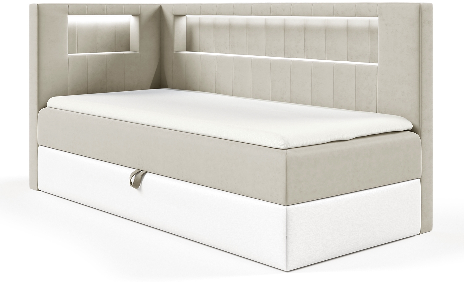 MEBLINI Kinderbett mit Bettkasten GARETH 3 80x200 Links - H3/Beige Samt Gepolstert Einzelbett mit Matratze - Polsterbett mit Stauraum - Bett mit Kopfteil – Stauraumbett Bild 1