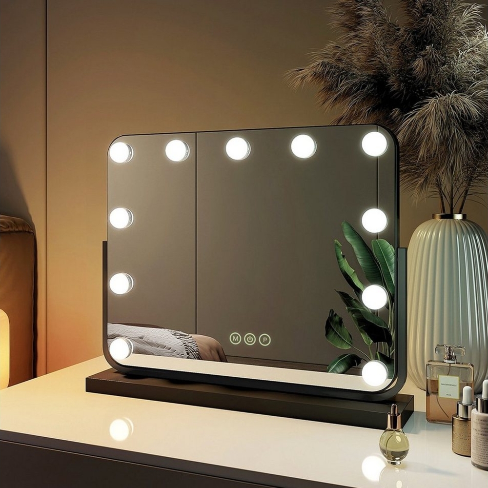 EMKE Kosmetikspiegel Hollywood Spiegel mit Beleuchtung 360 ° Drehbar Tischspiegel 3 Farbe Licht,11 Dimmbaren LED-Leuchtmitteln,Speicherfunktion,7 x Vergrößerungsspiegel,Schwarz,50 x 42 cm Bild 1