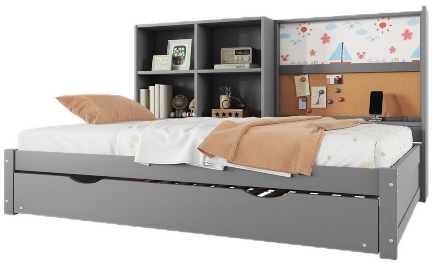 TavilaEcon Kinderbett Stauraumbett Schlafsofa 90x200cm, mit ausziehbarem Bett, usb-Ladeanschluss, Zeichenbrett, mehrere Staufächer Bild 1