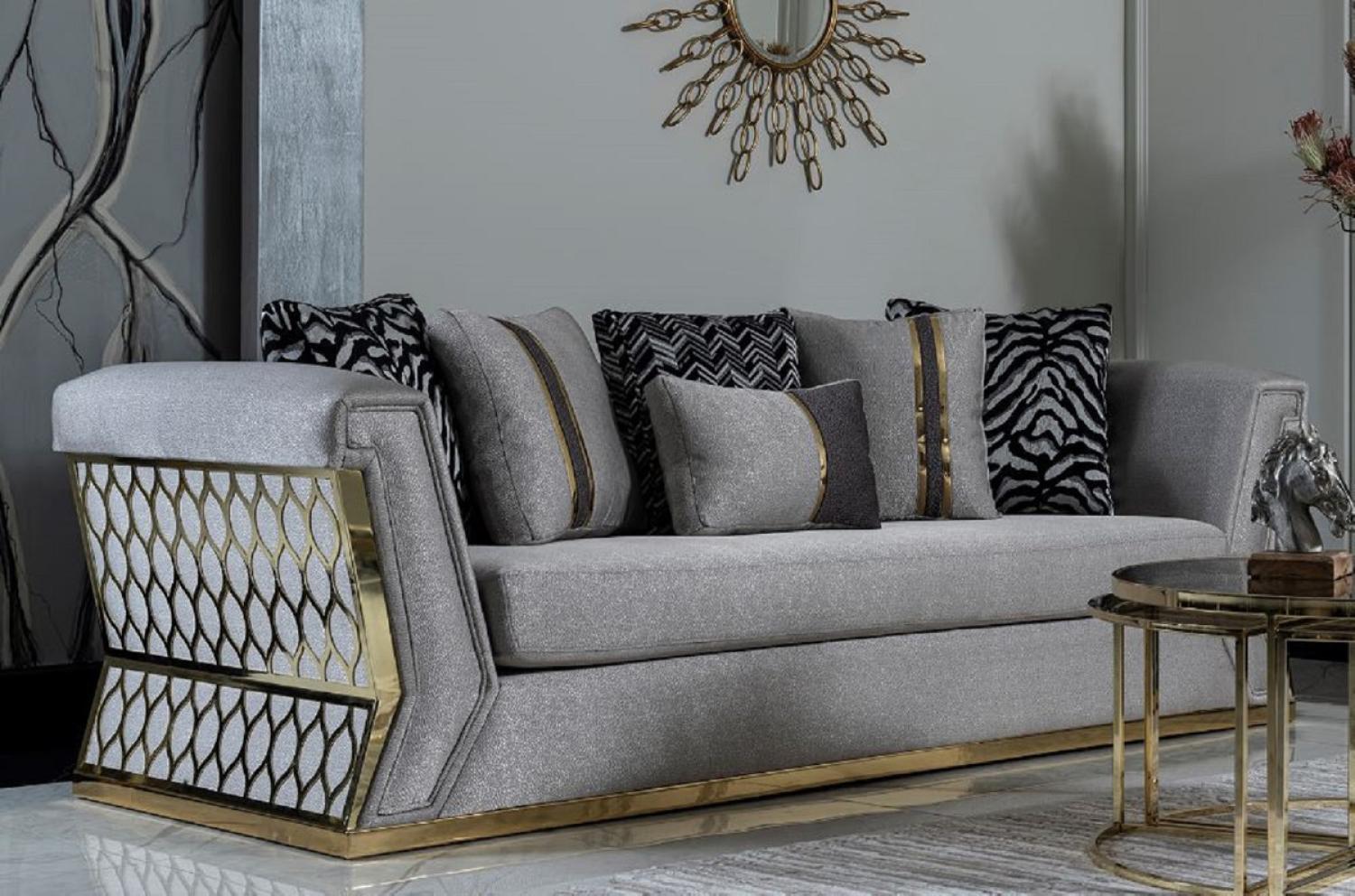 Casa Padrino Luxus Sofa Grau / Gold - Elegantes Wohnzimmer Sofa mit dekorativen Kissen - Luxus Wohnzimmer Möbel Bild 1