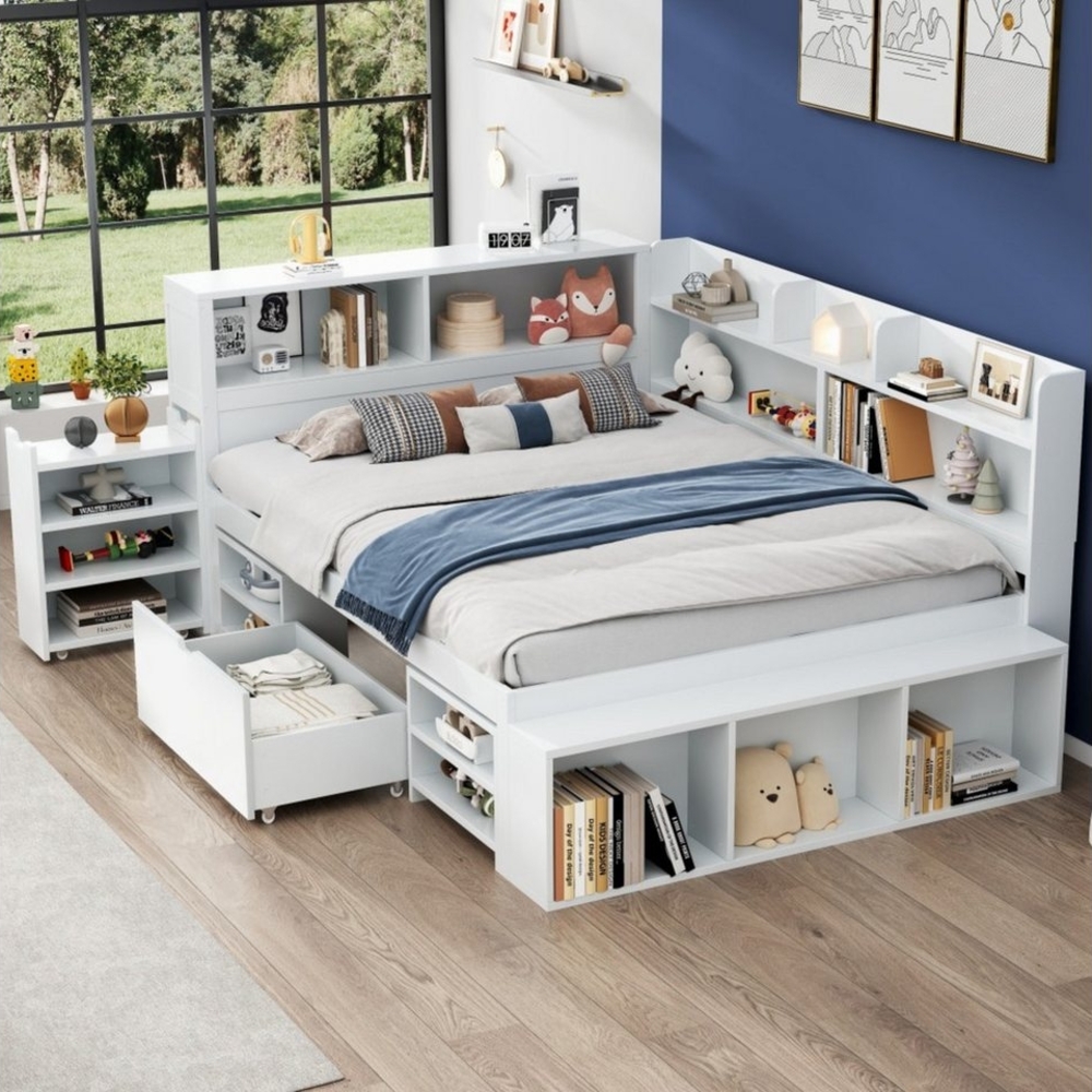 BlingBin Kinderbett Einzelbett, Multifunktionales Kinderbett, Stauraumbett, Jugendbett (Bettgestell mit Schubladen, Bücherregal und Stauschrank, 1-tlg, 140*200 cm, Ohne Matratze, Belastbarkeit maximal: 200KG), Großer Stauraum, Lattenrost, Weiß Bild 1