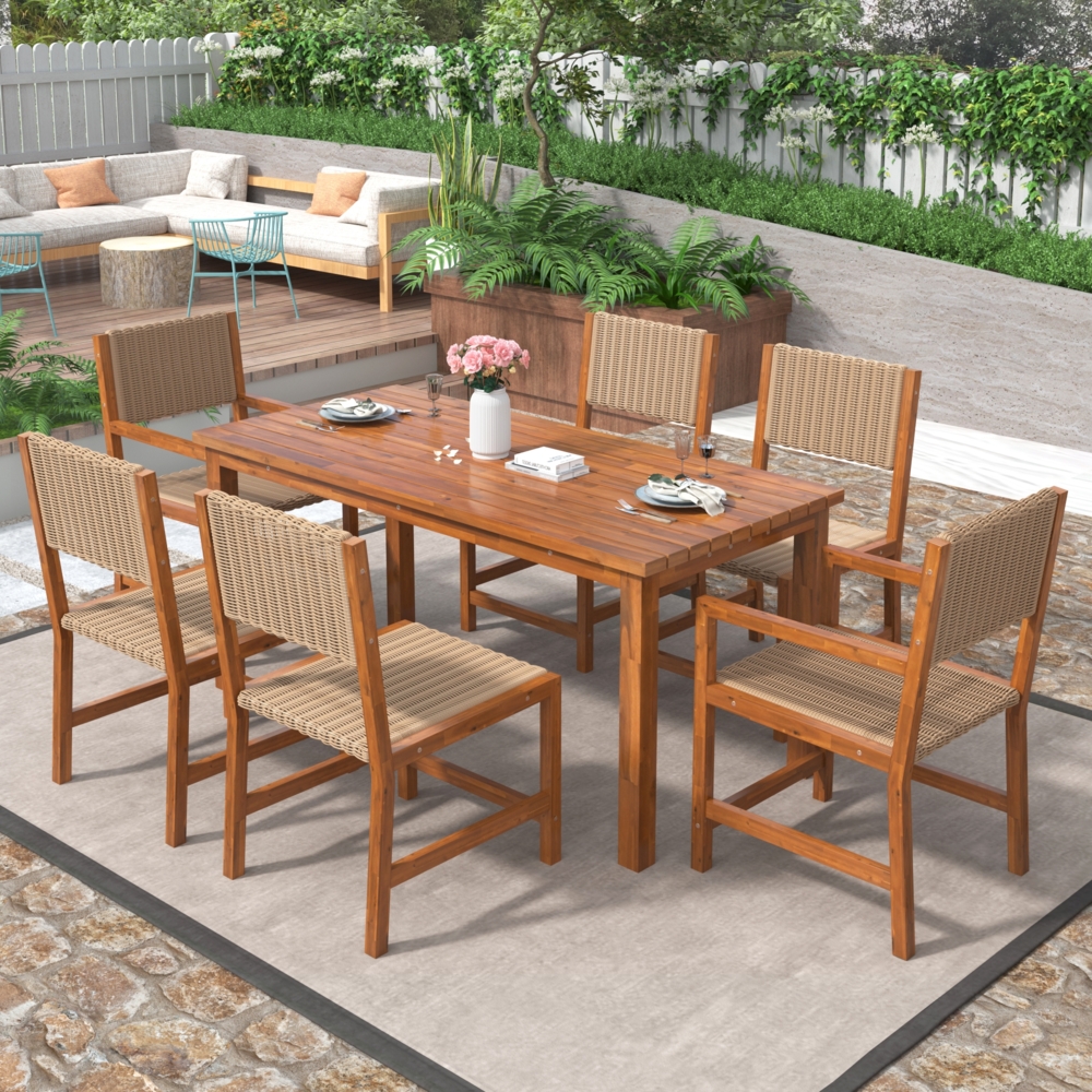 Merax 7-teiliges Outdoor-Esstisch-Set für 6 Personen, Gartenmöbel-Set aus HDPE-Rattan, Stuhlgestell aus Akazienholz für Hinterhof, Garten, Braun Bild 1