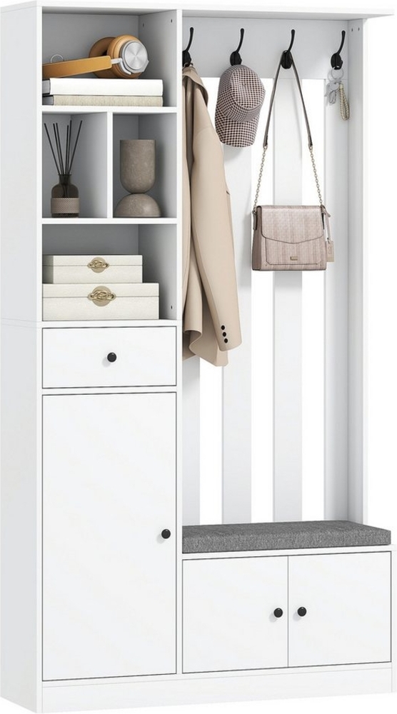 HOMCOM Garderobenständer mit Kleiderständer, Schuhbank, 4 Haken, offene Ablageflächen, (Kleiderständer, 1 St, Standgarderobe), für Wohnzimmer, Schlafzimmer, Weiß Bild 1