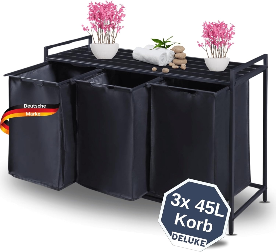 DELUKE® Wäschekorb 3 Fächer + Ablage 3x45L Wäschesammler 3 Fächer Herausziehbare Wäschesäcke Stahlrahmen für Waschküche Wäschekorb Schlafzimmer 75,5 x 102,5 x 38 cm Braun Bild 1