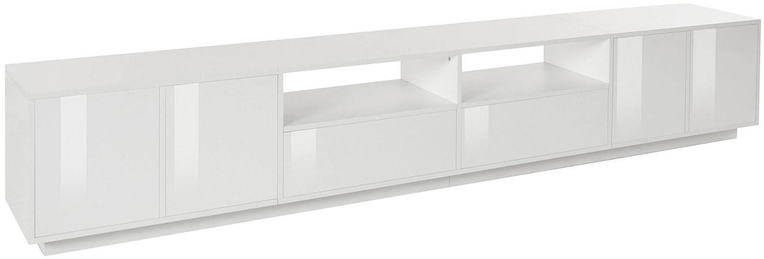 Dmora TV-Schrank Albak, niedriges Wohnzimmer-Sideboard, Fernsehständer-Basis, 100 % Made in Italy, 260 x 41 x 46 cm, glänzendes Weiß, Bild 1