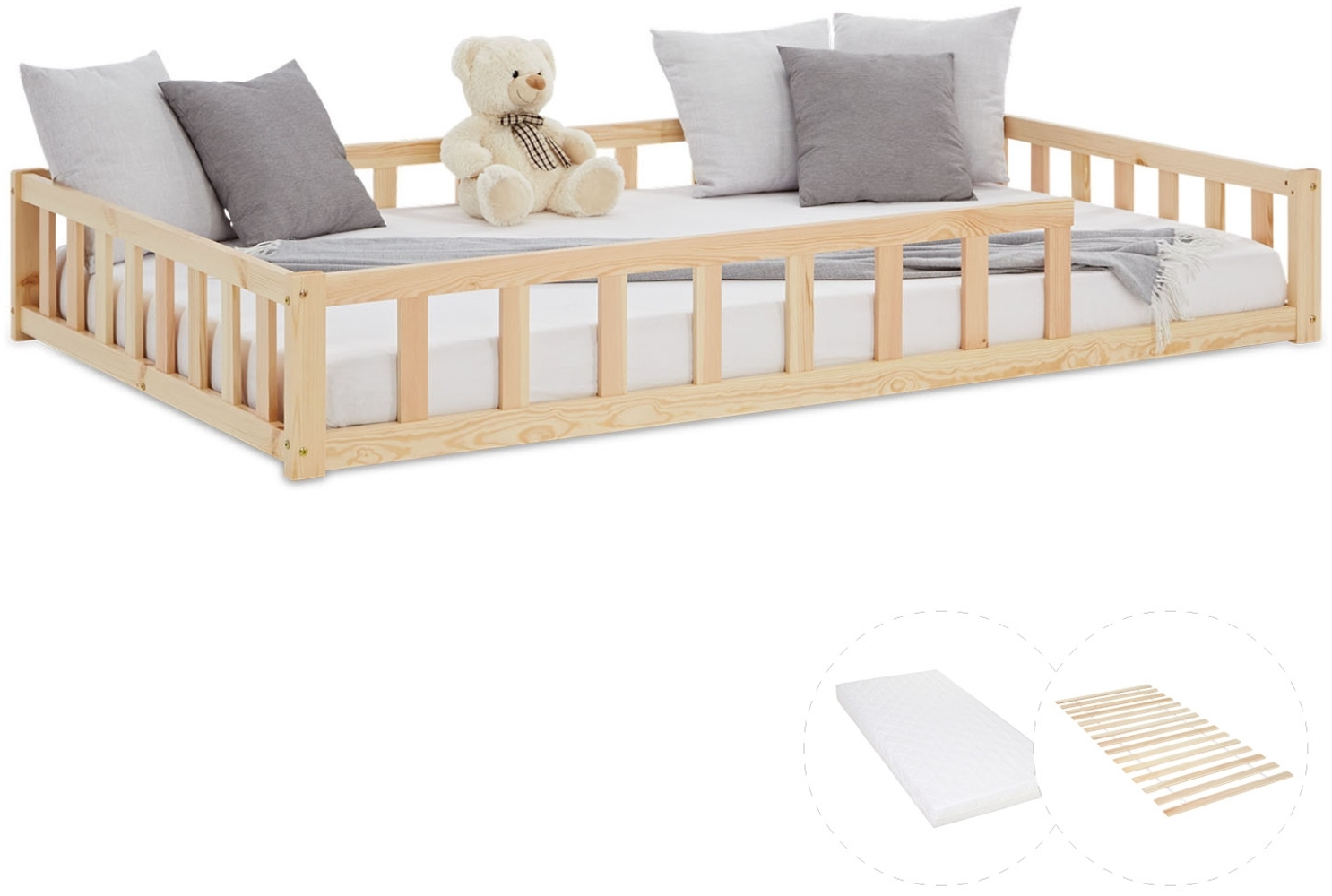 Kinderbett 120x200 mit Matratze Bodenbett mit Rausfallschutz Montessori Bett Kleinkindbett Holz Kiefer Natur Massiv Einzelbett Lattenrost Bild 1