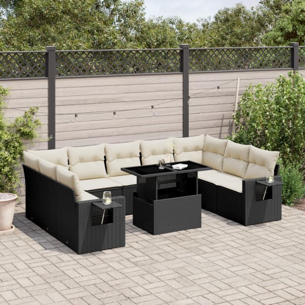 vidaXL 10-tlg. Garten-Sofagarnitur mit Kissen Schwarz Poly Rattan 3268106 Bild 1