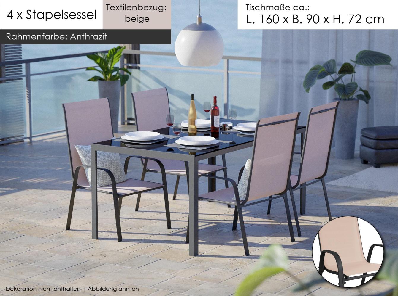 Gartenmöbel Set Metall Tisch 4 Stapelsessel Essgruppe Gartenset Sitzgruppe Stuhl beige Bild 1