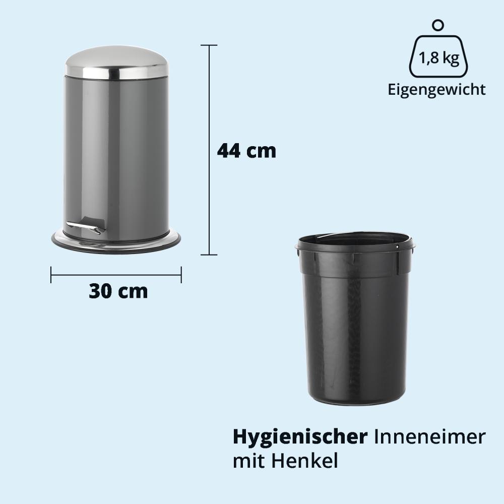 KHG Mülleimer Küche, Bad 12l | Kosmetikeimer Abfalleimer Treteimer aus Aluminium in glänzendem Grau | herausnehmbarer Inneneimer, ideal für Küche, Badezimmer, Büro Bild 1