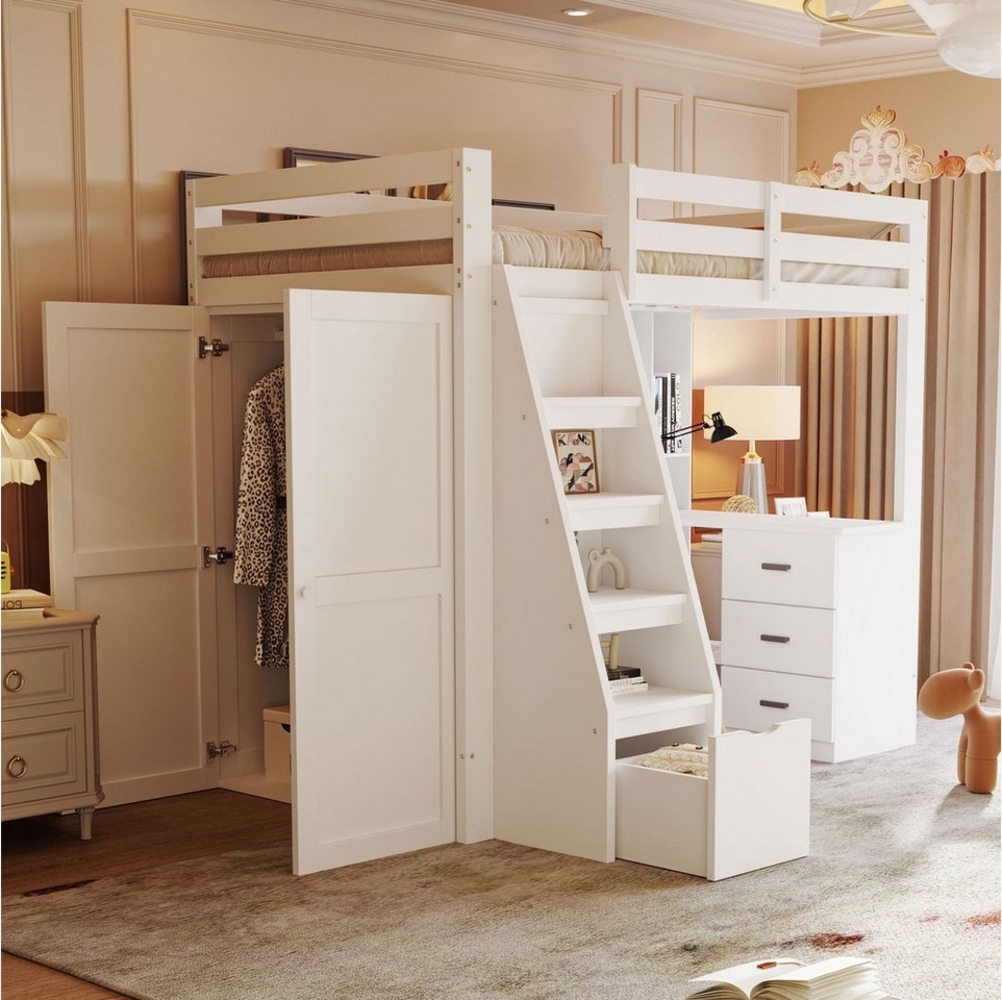 Merax Hochbett (1-St, Jugendbett Einzelbett) Massivholzbett Kinderbett 90x200cm mit Kleiderschrank Treppe Stauraum Bild 1