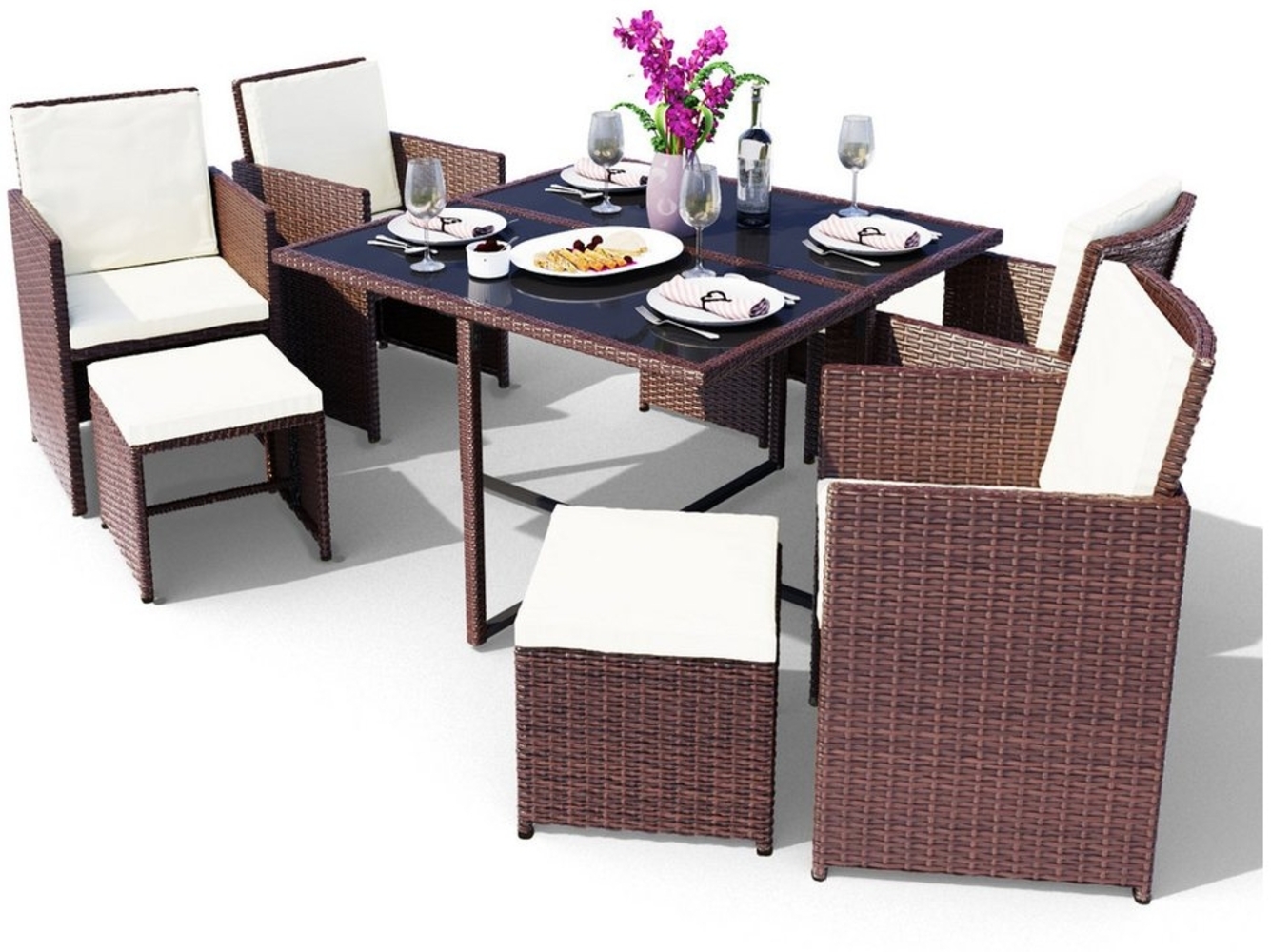 Swing&Harmonie Garten-Essgruppe Poly Rattan Sitzgruppe Esstisch Lounge Gartenmöbel, (Sitzgarnitur, Tisch, Stühle, Hocker Garnitur Set) Bild 1